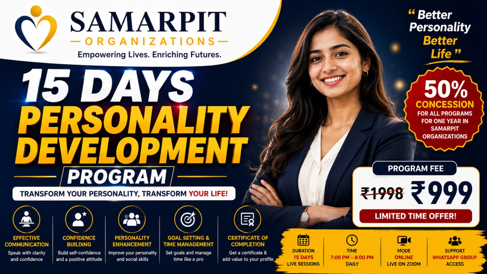 Samarpit 15-day Personality Development Program — live on Zoom, mentorship, certificate.
